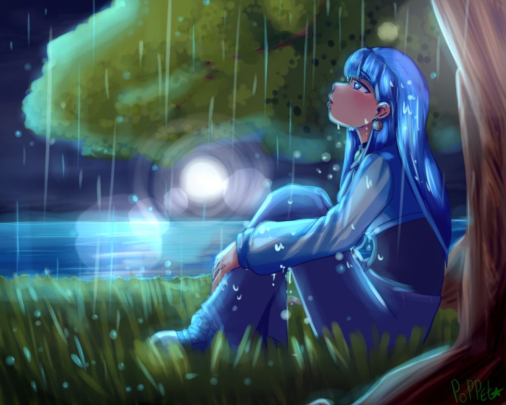 Blue haired anime girl, sitting under a tree, on the grass, in the rain, at night. 