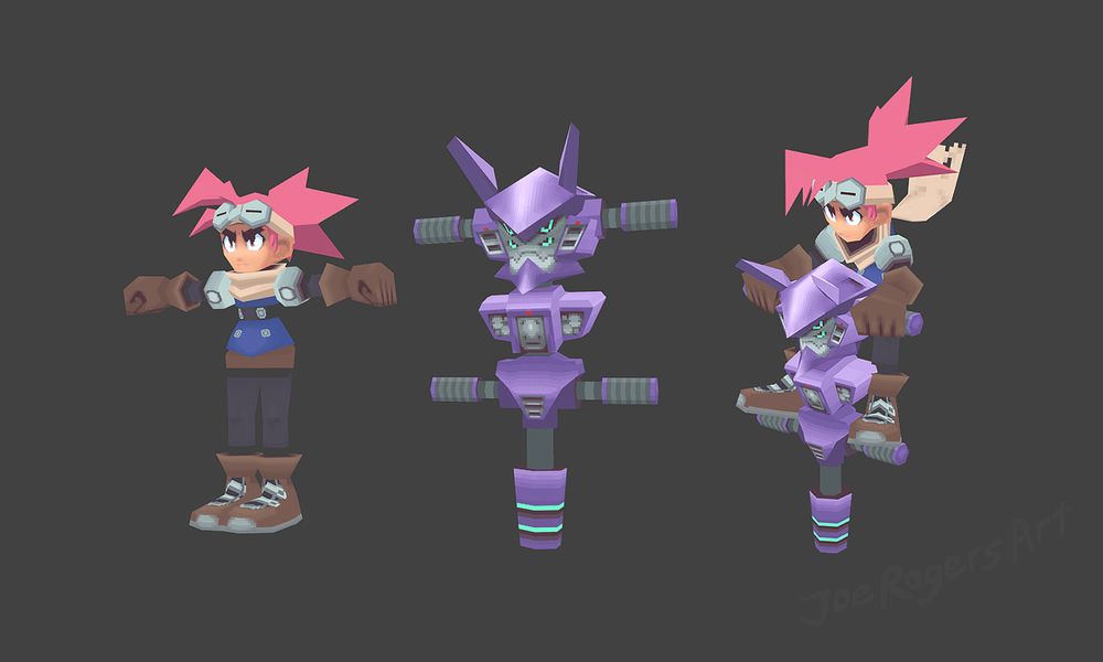 3D character models with pixel art textures. A character with spiky pink hair tied back t-poses next to their purple mecha pogo stick, it has four green eyes and antennae sticking out of its head