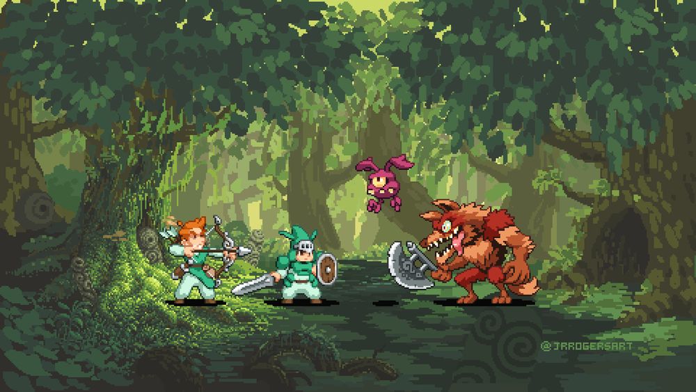 Pixel art. Two soldiers, one wielding a bow and arrows, the other wielding a sword and shield, face off against a one-eyed bat and an axe wielding werewolf in a forest.