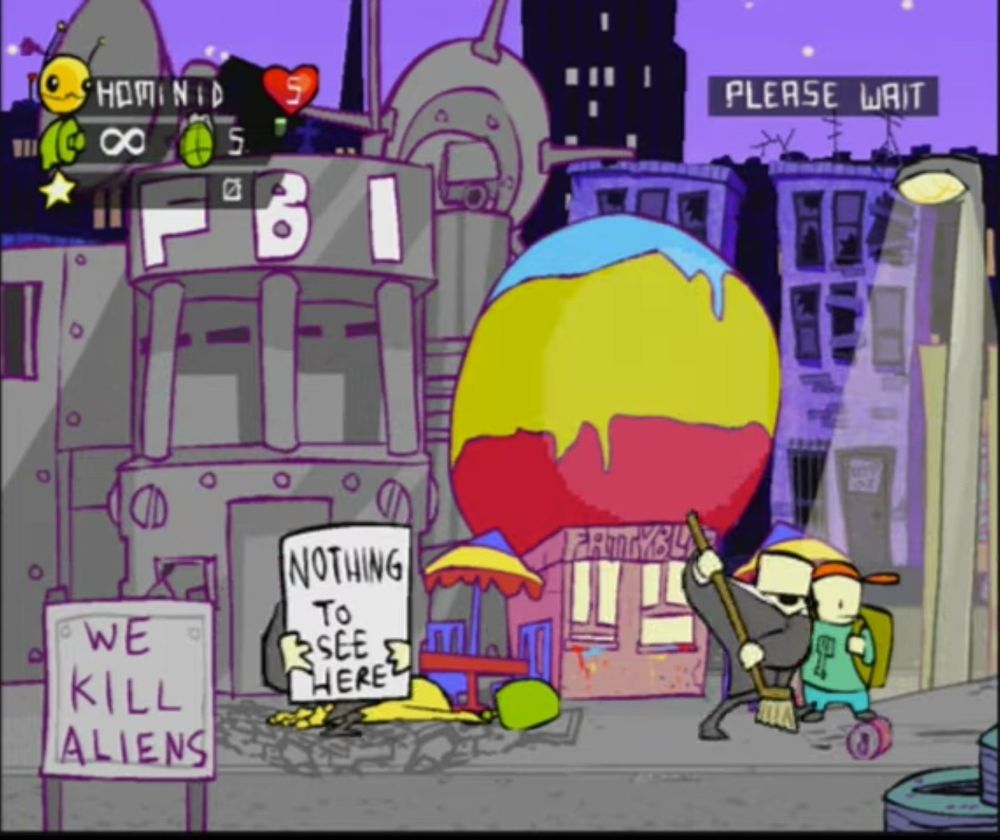 Cena do jogo "Alien Hominid", em que agentes do governo limpam um local de queda de um ovni enquanto outro segura uma placa com a frase, em inglês,"Nada para ver aqui".