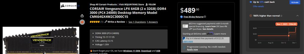A screenshot of a Newegg product page for CORSAIR Vengeance LPX 64GB (2 x 32GB) DDR4 3000 desktop memory.
A pane on the right shows the product's price history being $164.90 on November 1st compared to its current price a month later of $489.