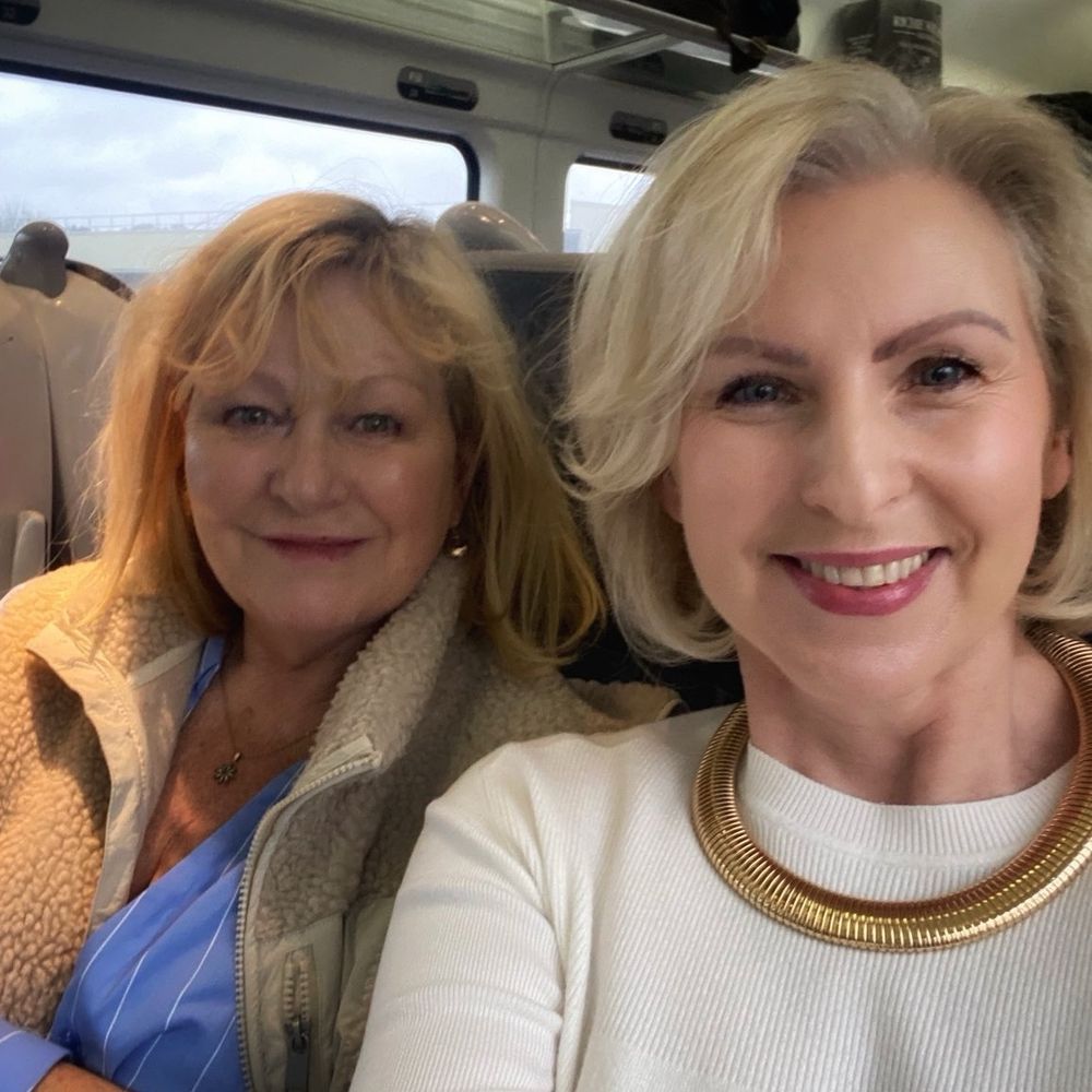 Me on the left blonde hair blue shirt and my friend on the right blonde cream sweater enroute to Dublin’s fair city by train this morning 
