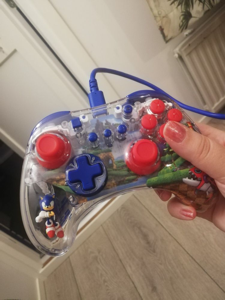 Nintendo Switch Pro Controller -ohjain, jossa punaisia ja sinisiä näppäimiä ja sininen johto. Osittaisena kuvituksena Sonic the Hedgehog -kenttä, vasemmassa alaosassa pieni Sonic-figuuri ohjaimen sisällä.