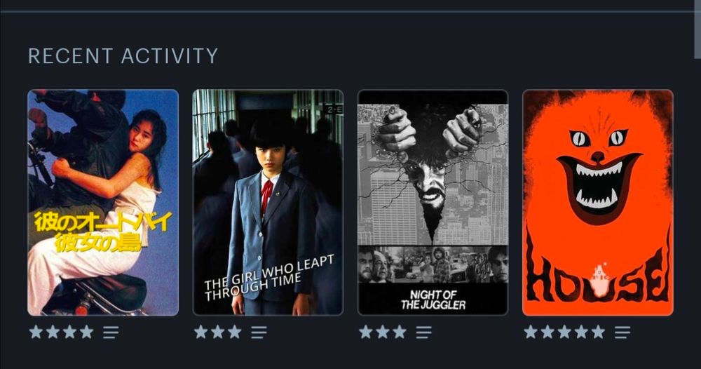 Four movie posters: His Motorbike Her Island, with a woman in a white sheet on the back of a motorcycle. the Girl who Leapt through Time with a girl in a suit staring at the camera, Night of the Juggler in black and white with a bearded man ripping something In half, and House with a red demon cat