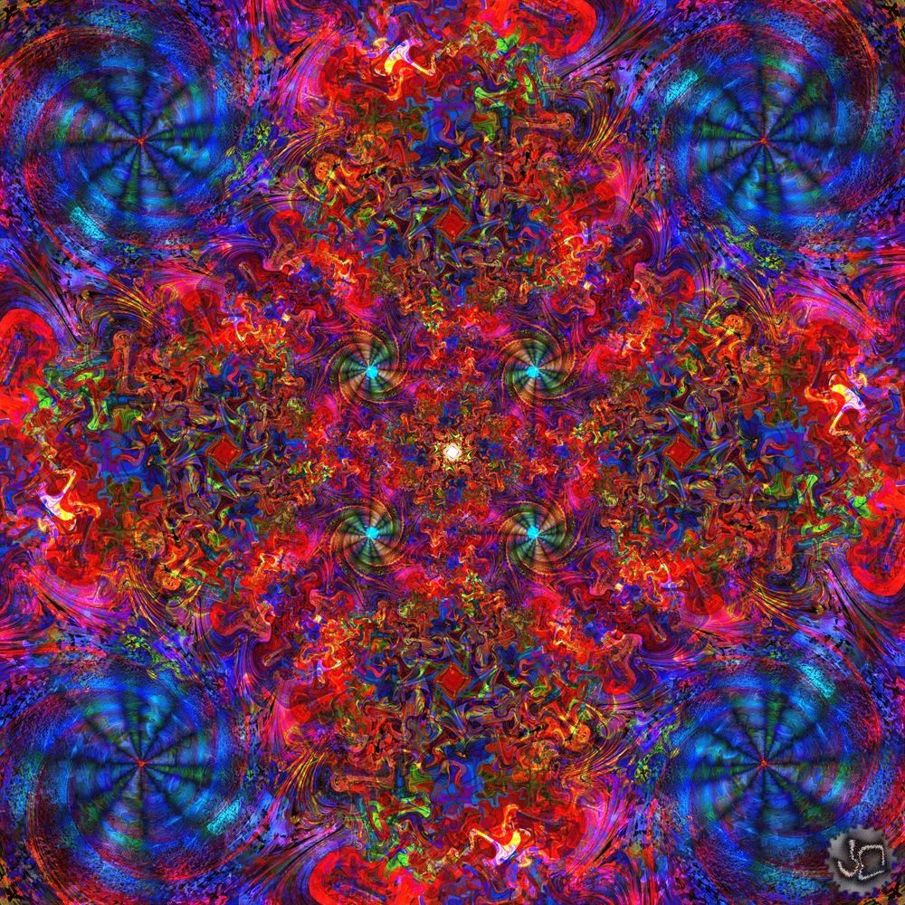 A fractal image that looks like 4 whirlpools amidst a colorful sea (and 4 smaller green whirlpools closer to the middle)