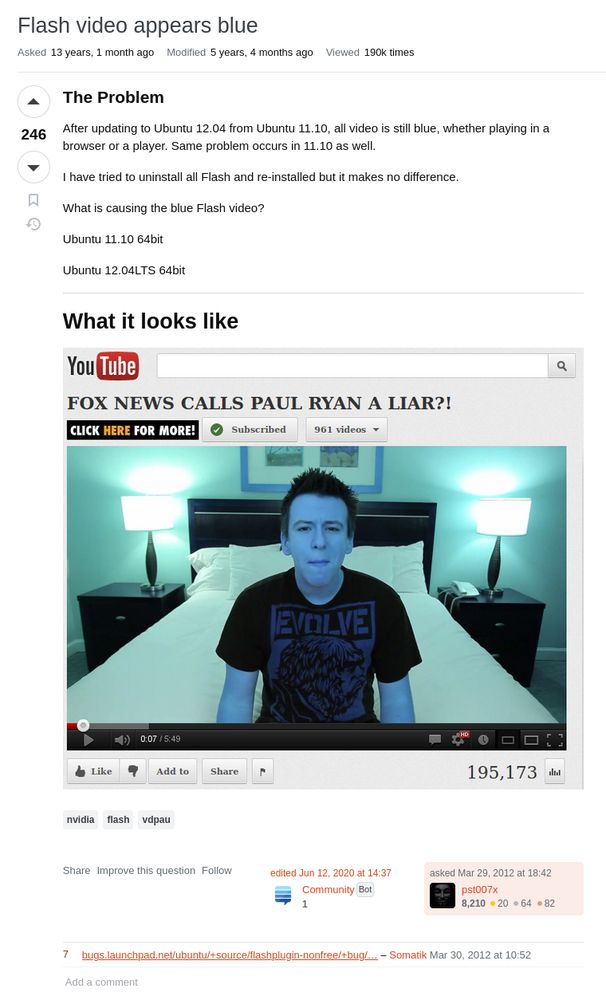 An Ask Ubuntu issue from pst007x depicting a YouTube video that looks blue when it's not supposed to be.