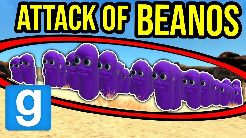 youtube thumbnail of "attack of beanos" in garry's mod (an army of sausage shaped purple creatures with cartoon faces (number 1 from numberjacks) are circled and mildly on fire)