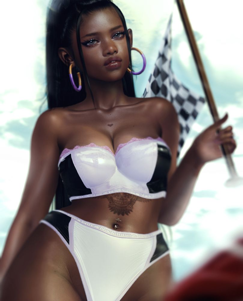 3D rendered woman avatar waving a checkered flag. 