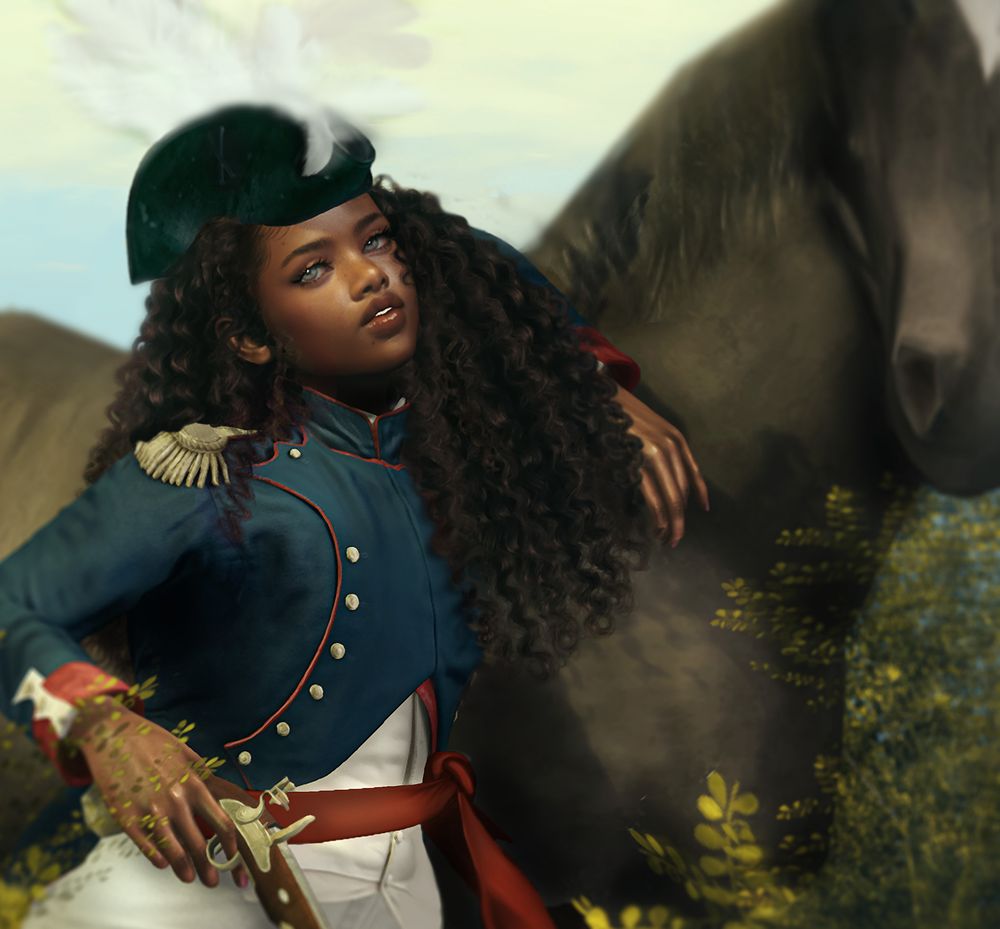3D rendered avatar of a black woman in French army uniform. 
Context: The Haitian Revolution in 1804.