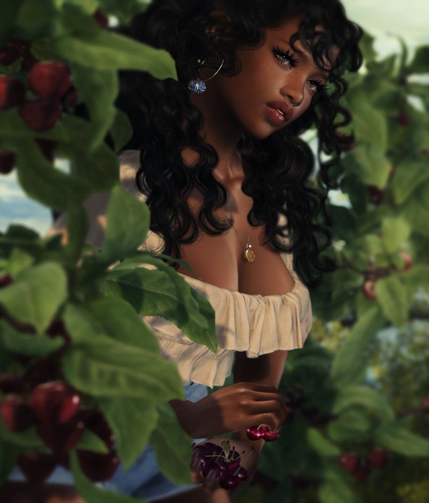 3D rendered avatar of a woman picking cherries. 