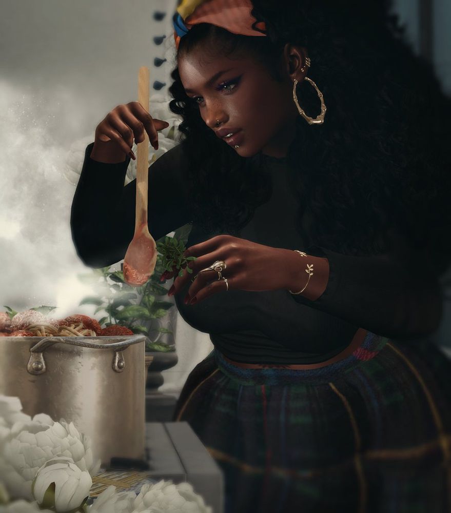 3D rendered avatar of a young woman cooking.