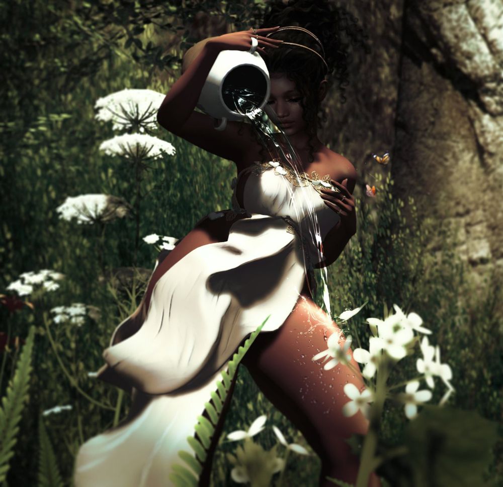 3D rendered avatar of a woman in a white tunic, a vase of water perched on her shoulder spills onto the ground. 