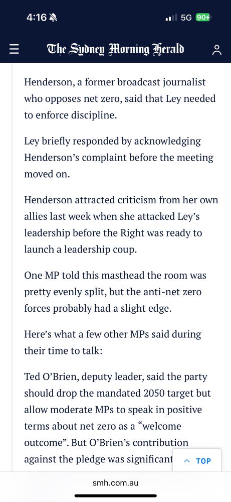 Screenshot of news story claiming Sarah Henderson complaining that people are leaking from the LNP 
