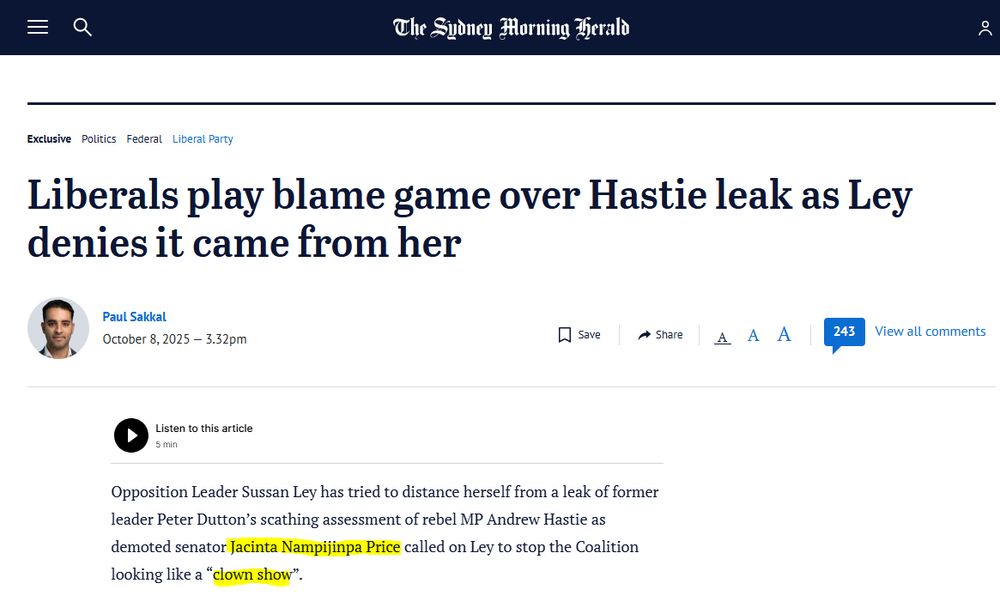 Screenshot of online news article with headline of Jacinta Price calling on Sussan Ley to stop the Coalition looking like a clown show 