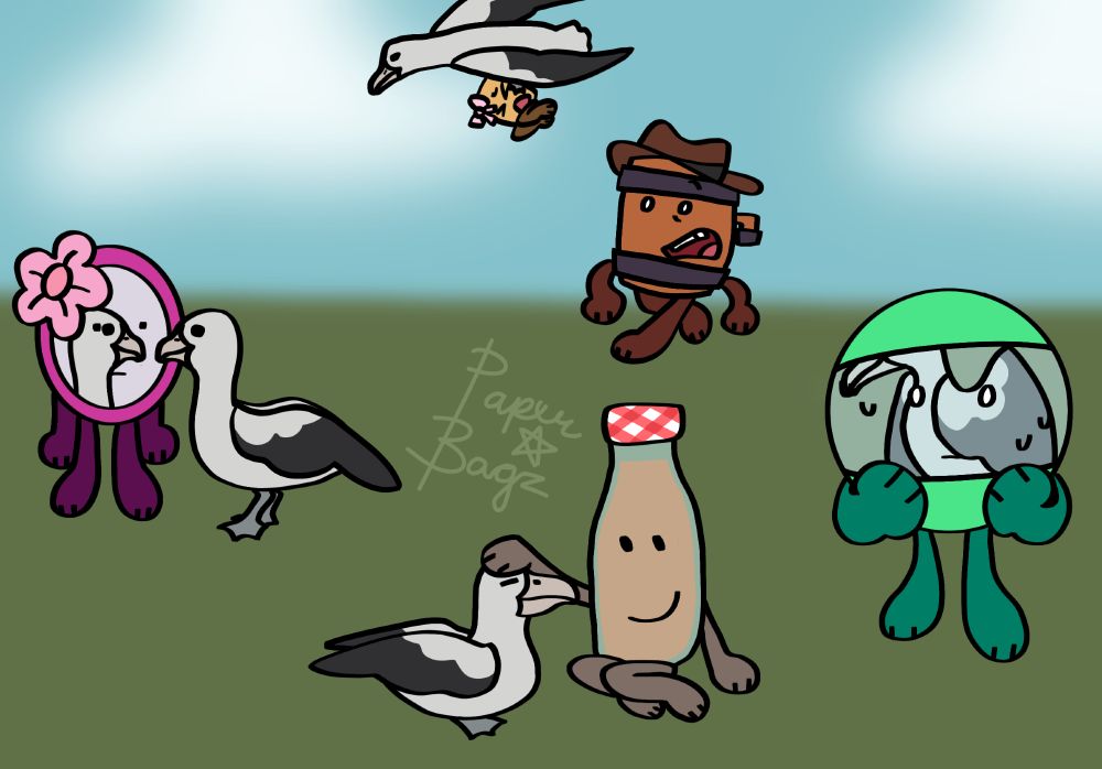 A digital drawing of Corky, Beer Keg, Mirror, Hamster Ball, and Chocolate Milk from Clash to be Champion with a group of Albatrosses. Beer Keg is chasing one that is taking Corky away. Hamster Ball has managed to get one inside his hamster ball. Chocolate Milk is sitting down and petting one. And one is looking at its reflection using Mirror.