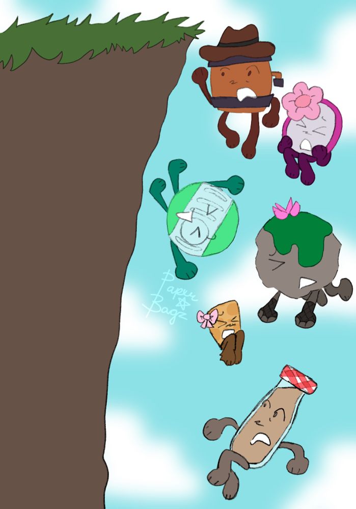 A digital drawing of Beer Keg, Mirror, Hamster Ball, Boulder, Corky, and Chocolate Milk from Clash to be Champion falling down a cliff.