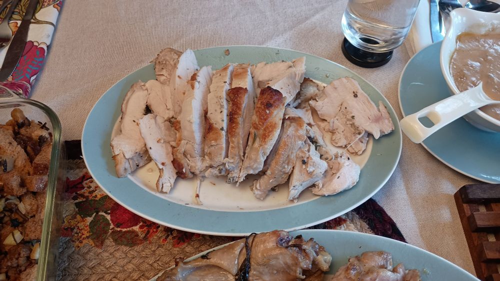 A rolled turkey breast cooked sous vide and browned under the broiler. 