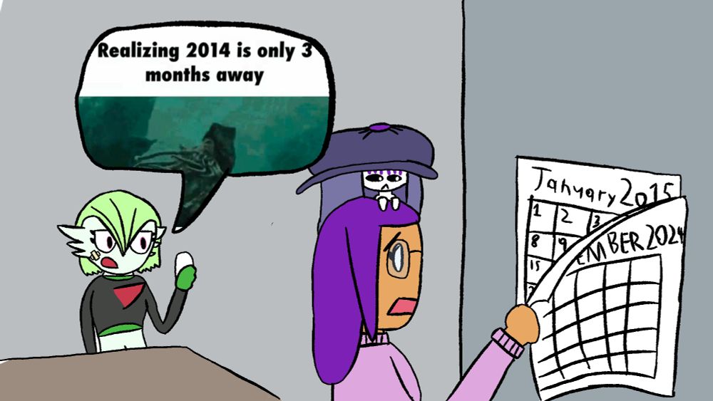 April flipping a calendar reading "December 2024" to the next month which reads "January 2015" Meanwhile Kaylee reads off a gif from a phone captioned "Realizing 2014 is only 3 months away" 