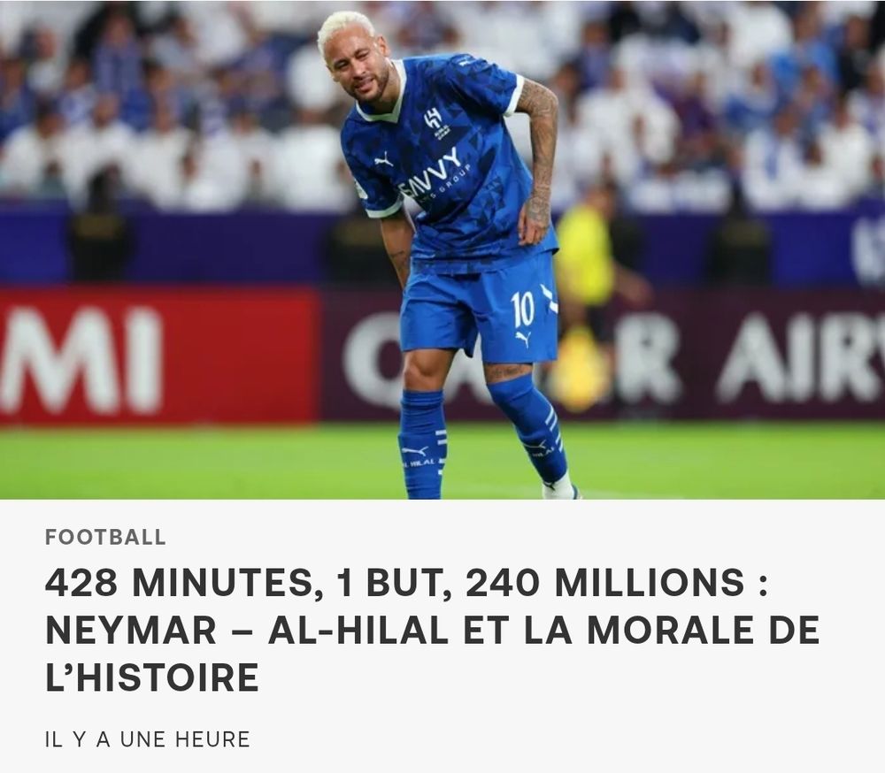 Photo de Neymar qui semble blessé. 428 minutes de jeu, 1 but, 240 millions.