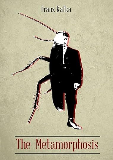 Book cover for The Metamorphosis by Franz Kafka, featuring a figure that is half man on one side, and half insect on the other.