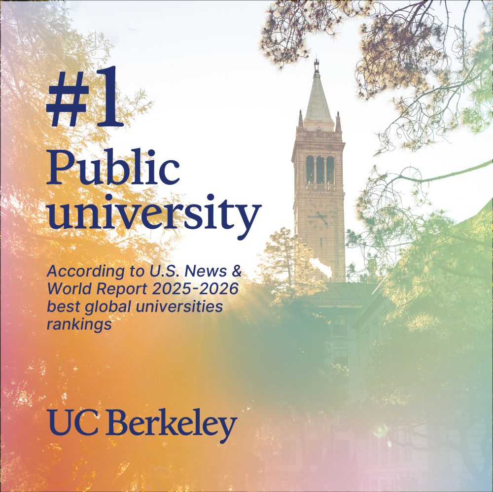Rainbow gradient overlay over an image of UC Berkeley's Campanile with text that reads "#1 Public University According to U.S. News & World Report 2025-2026 best global universities rankings"
