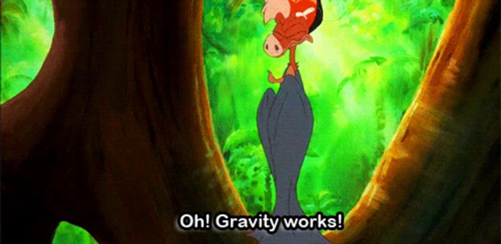 a cartoon character says " oh gravity works "