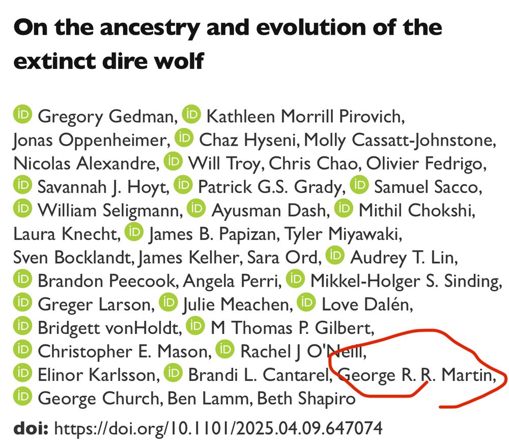 List of authors of the direwolf genome preprint, including George R R Martin 