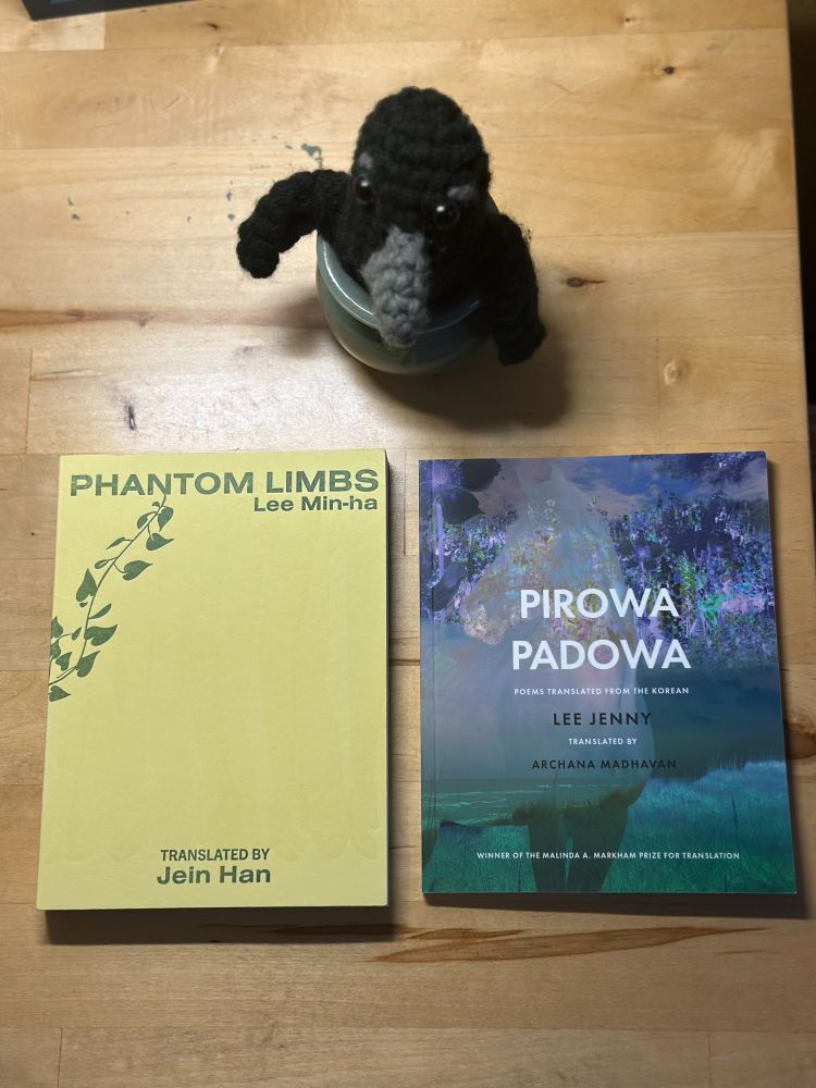 A wooden tabletop holds two poetry books and a small crocheted black bird with a gray beak and shiny eyes perched in a blue cup. On the left is Phantom Limbs by Lee Min-ha, translated by Jein Han, with a pale yellow cover and a green vine design. On the right is Pirowa Padowa by Lee Jenny, translated by Archana Madhavan, with a blue-green cover showing a blurred, abstract landscape and the note “Winner of the Malinda A. Markham Prize for Translation.” 