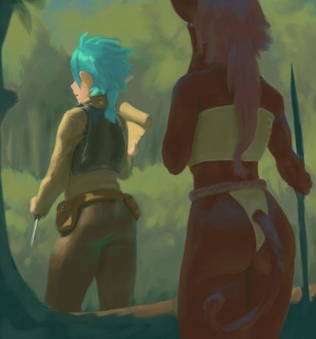 work-in-progress of a digital fantasy painting depicting an elven adventurer being shadowed in a forest by a cat lady with spear