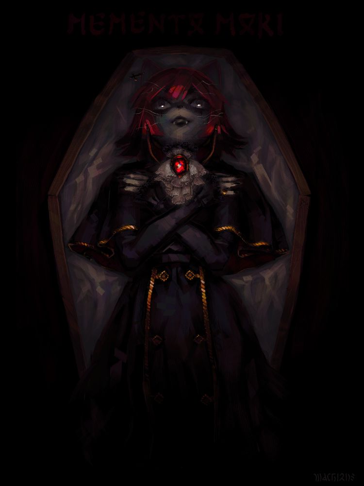 A vampiric Machi clad in a black garment with gold details and a crimson brooch;
On her right ear is an inverted cross ear ring.
She lies with lifeless eyes staring upwards ontop a coffin shaped surface.
In very feint red letters the words "memento mori" are spelled in the Gothic alphabet atop the drawing.
