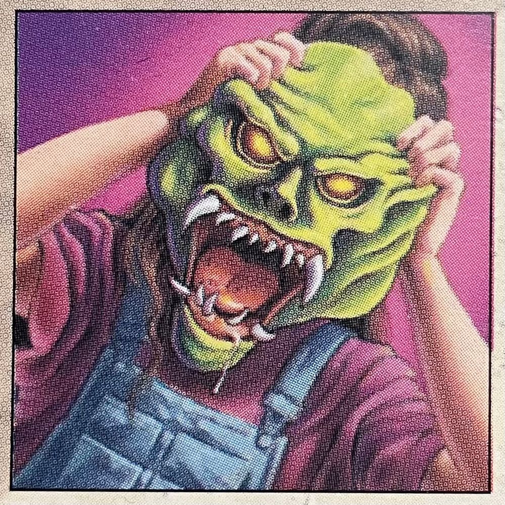 An illustration of a girl putting on a hideous, living Halloween mask. The art is based on an iconic moment (and cover of) in the Goosebumps novel “The Haunted Mask”.