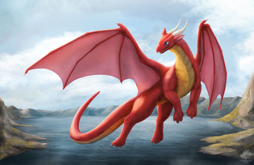 Digital painting of Ashtalon, a red dragon with yellow scutes along his neck, belly and tail. He is flying in front of a lake with mountains lining the rim, on a cloudy day.