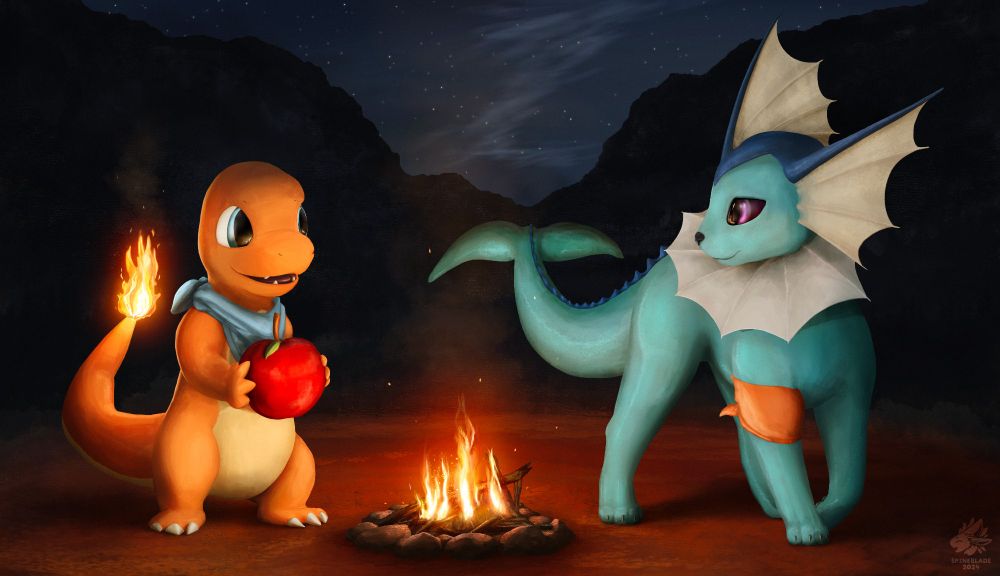 Digital painting of a Charmander and a Vaporeon resting at a campfire and smiling under the night sky. They wear a scarf and an armband respectively, and the Charmander is holding an apple.
