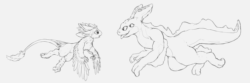 Digital sketch of an avali and a slipfin floating and looking at each other.