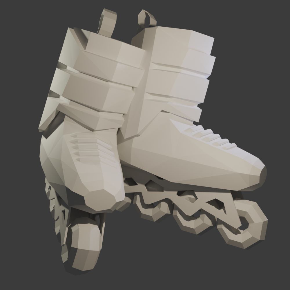 Blender render. A low poly model of a pair of in-line rollerskates. It hasn't been textured yet so it appears white, with multiple lighting points casting various shadows.