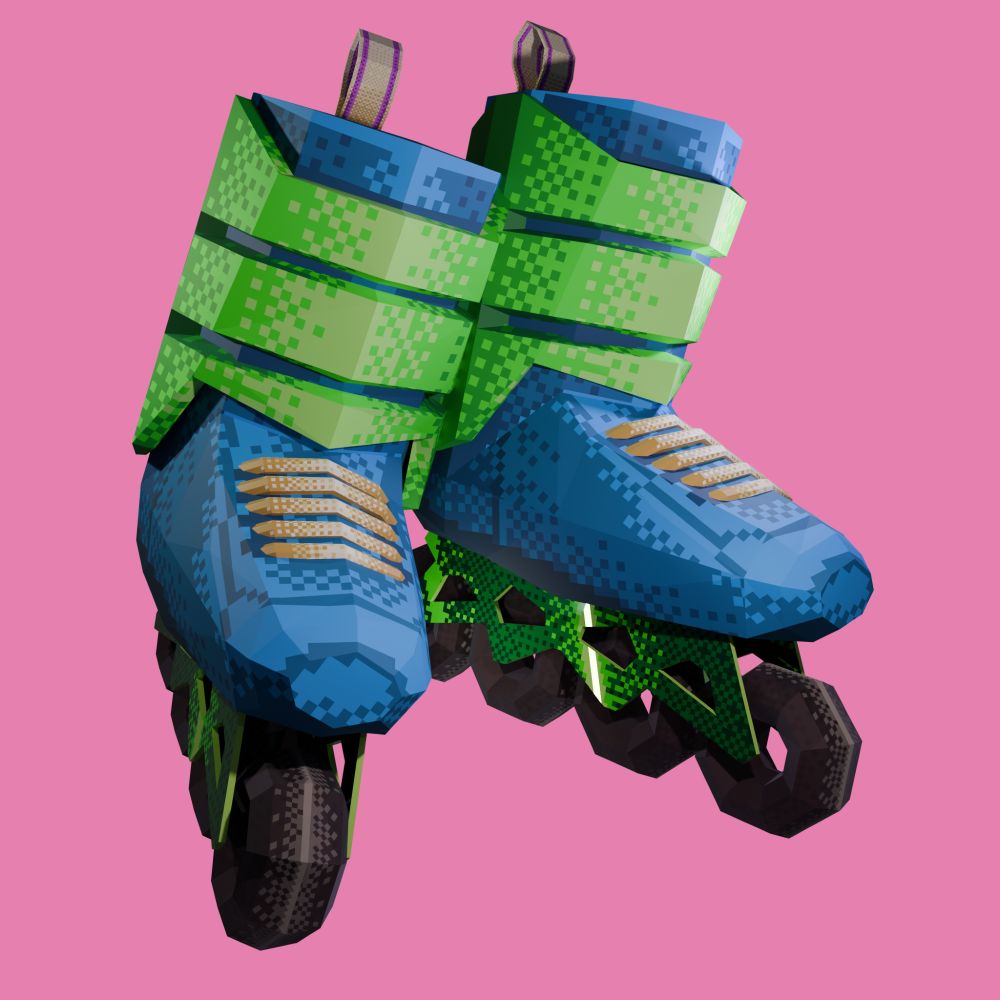 Blender render. A pair of four-wheel in-line skates sit against a baby pink background. They're a bright blue and electric green, laced with yellowing laces. On the back, they have a pull-label edged with purple. 