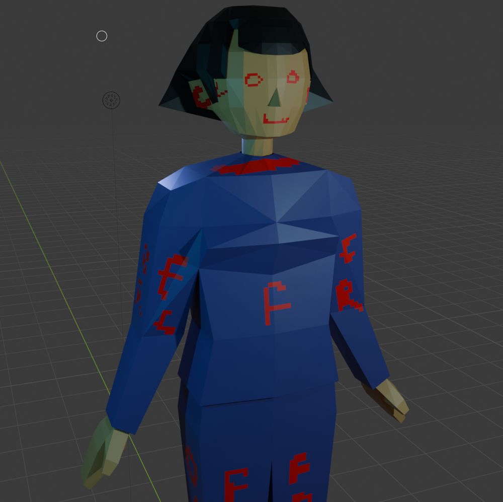Blender screenshot. A low poly human model stands in blue lighting. On their face is a crude eyes and mouth drawn in red. On their blue clothes are further cryptic markings, also drawn in red.