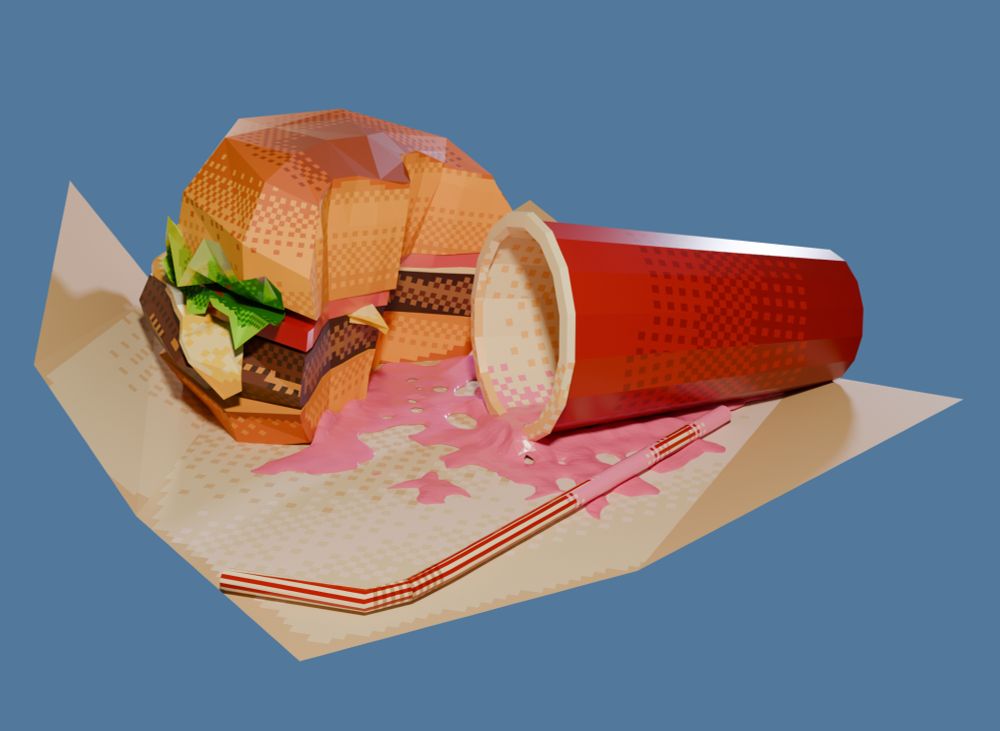 A Blender render of a half-eaten burger beside a spilled milkshake against a blue background. The burger contains lettuce, tomato, cheese, and a meat patty. The spilled milkshake is artificial strawberry pink. It's textured using bright colours and dithered pixel gradients. It's scruffy, but visually pleasing!