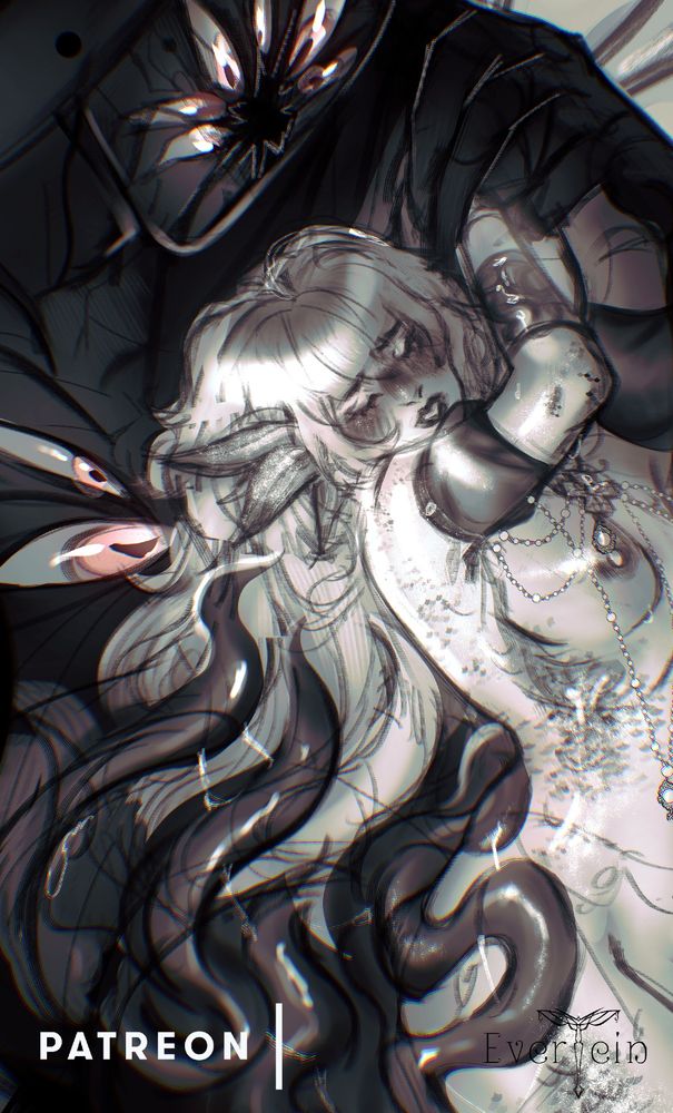 A big monster-god teasing and pleasing a mermaid like character with his tentacles 