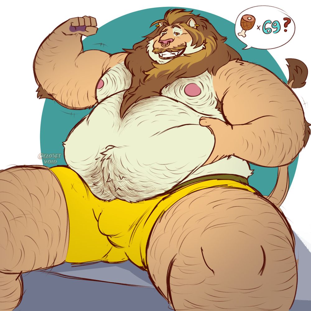 Illustration: big, fat, cocky anthro lion sitting down, flexing his right arm, and grabbing his flabby belly with the other. 