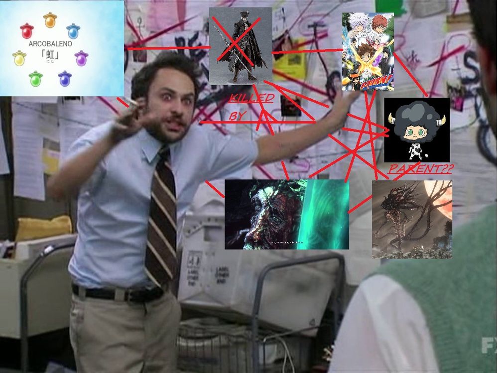 Charlie from Always Sunny is explaining how Ludwig Killed Maria, with a lot of Katekyo Hitman Reborn references for reasons that are an in-joke with the recipient.