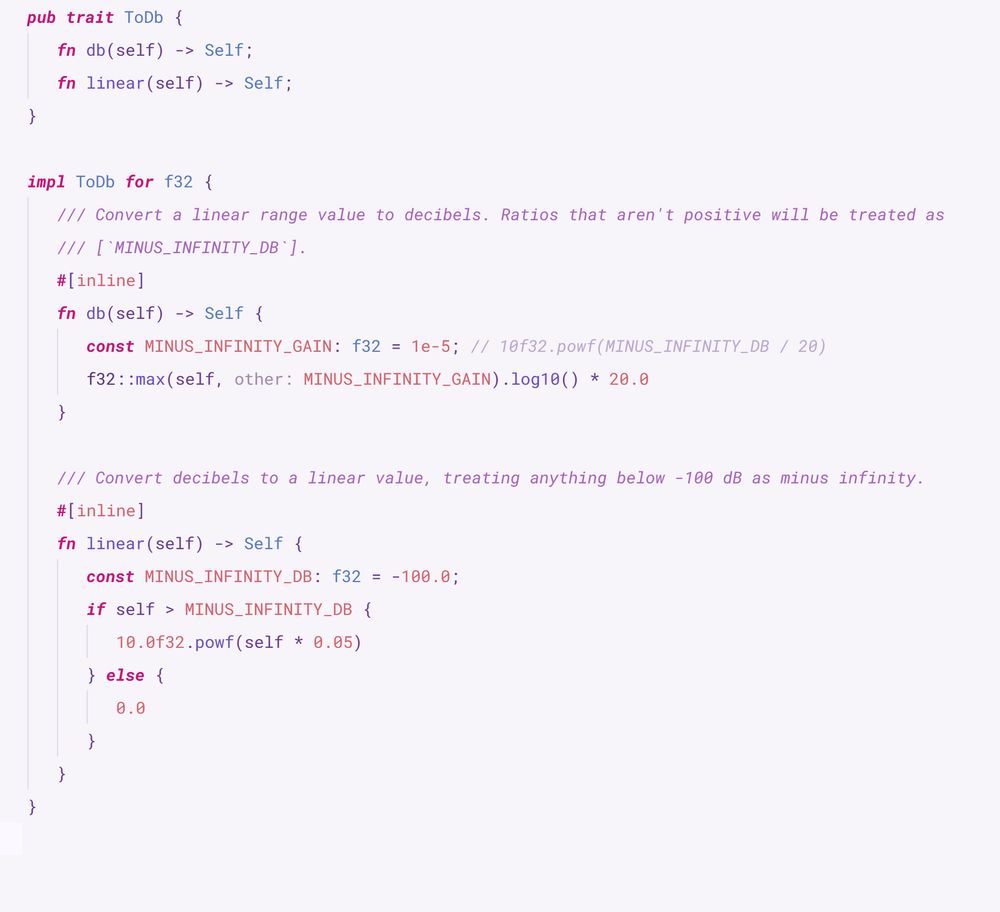 screenshot of a snippet of rust code showing the commonly employed `extension trait` pattern being used to implement new methods on the f32 primative type