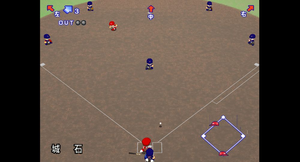 Screenshot of old Japanese Baseball game. Top down view as batter hits the ball and runs bases
