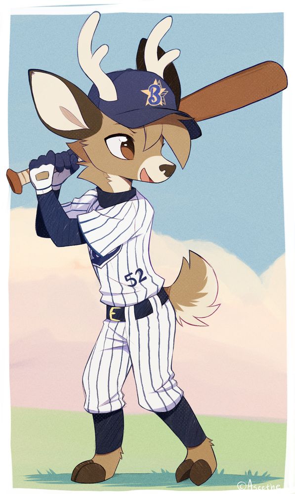 chibi deer anthro playing baseball, holding up bat ready to hit, in a striped baseball uniform