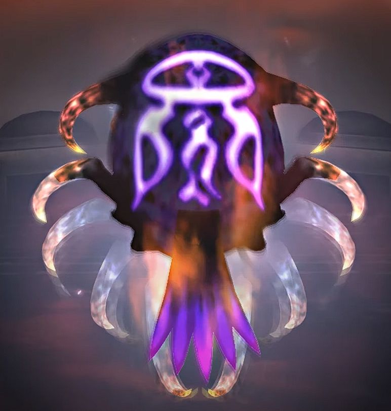Image of Yu Yevon, the final boss of Final Fantasy 10's storyline. It resembles a glowing, irredescent tick with an arcane symbol on its bloated abdoment. The symbol looks perhaps like an angel with a single, massive eye in place of its head.