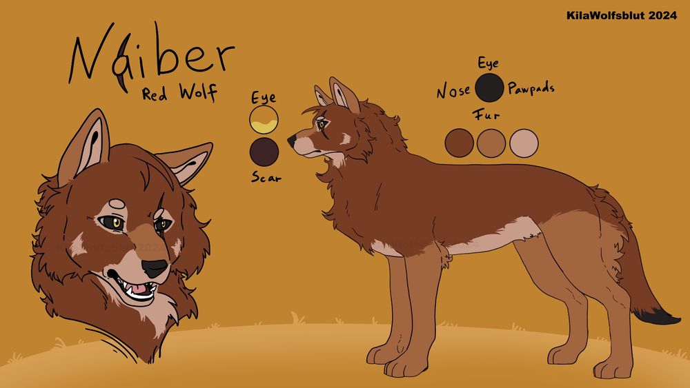 Reference sheet of my Redwolf character Naiber. Features a fullbody sideview and one headshot