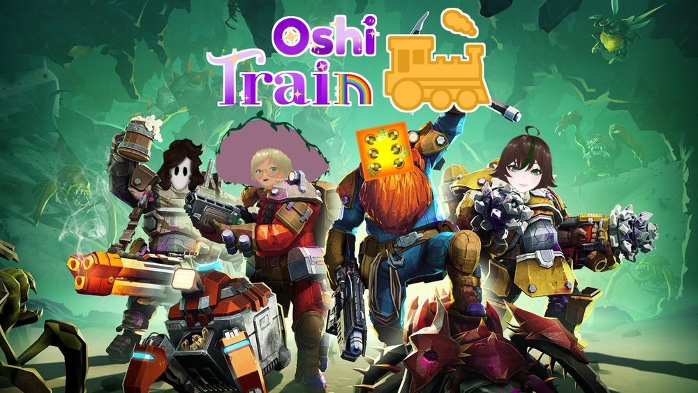 Deep Rock Galactic cover art with omega, autumn, cubebie, and may's heads over the dwarves heads and the Oshi Train logo.