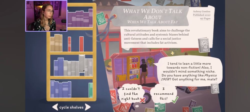 A screenshot from the game Tiny Bookshop showing the screen where you recommend a book to a customer. The highlighted book is "What We Don't Talk About When We Talk About Fat" by Aubrey Gordon.