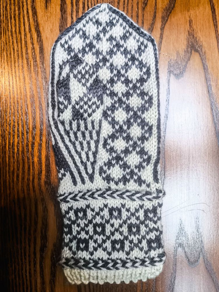 A complete mitten-in-progress knit in white wool as the base colour and semi-solid black/charcoal grey wool as the contrast colour. 

The wrist from the bottom up: a small section of 1x1 rib, then a Latvian braid (a knitting technique that carries the yarn in front and twists it around itself to create horizontal "braids" in your knitting), a colourwork section made up of squares with white centres in the middle of diamonds created by a large crosshatch pattern, then another Latvian braid.

The body from the wrist up: a striped black and white triangular thumb gusset on the left of the palm (to fit the left hand), next to a pattern of white diamonds formed by crossed lines of small black pluses. The thumb has now been knit in the same geometric pattern as the front of the mitten. Above the thumb the pattern of diamonds and pluses continues across the whole palm.