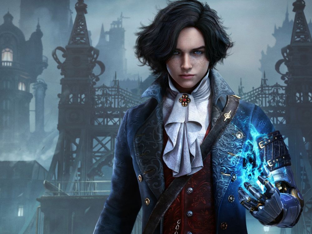 Pinocchio from Lies of P, wavy black hair and androgynous facial features, with an 1800s aristocratic style coat that's blue, a burgundy vest under with a white neckerchief with a ruby and gold brooch on it, with a mechanical left arm with a very old almost steampunk like background. 